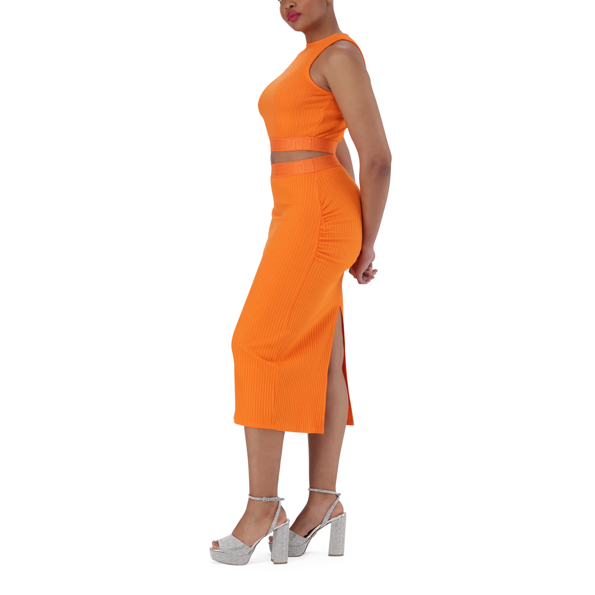 MACIE ORANGE BODYCON MIDI SKIRT WITH GATHERS - Image 3