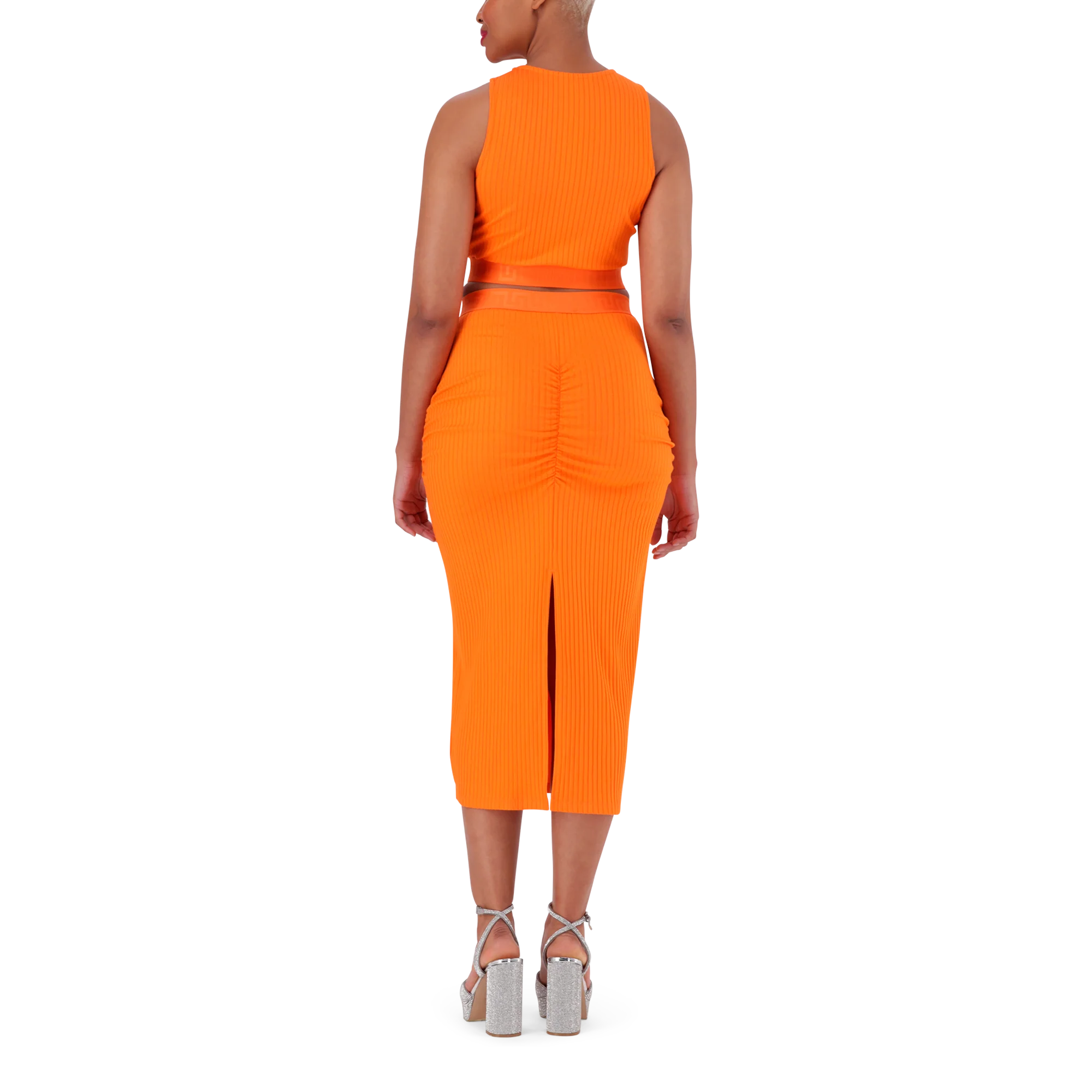 MACIE ORANGE BODYCON MIDI SKIRT WITH GATHERS - Image 4