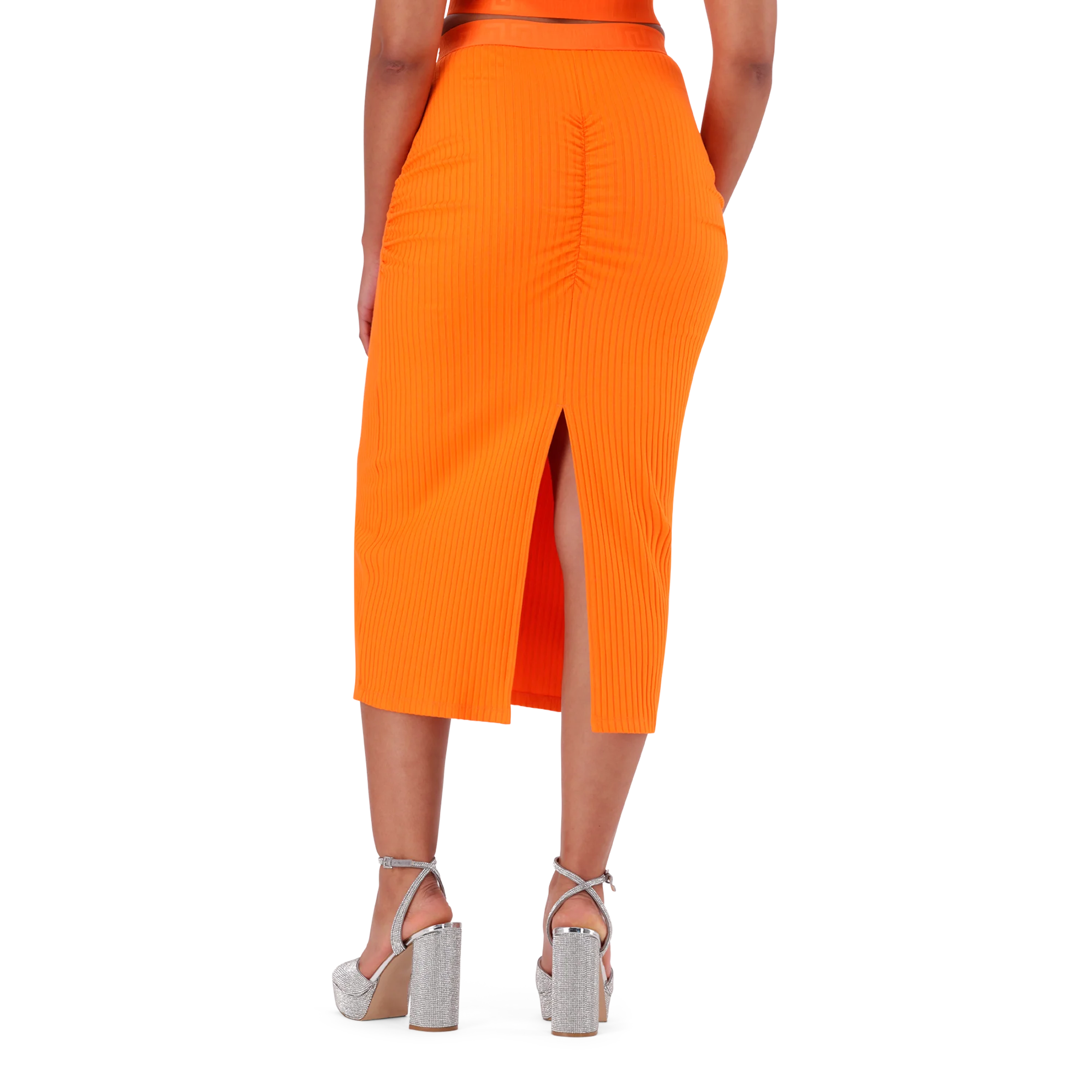 MACIE ORANGE BODYCON MIDI SKIRT WITH GATHERS - Image 5